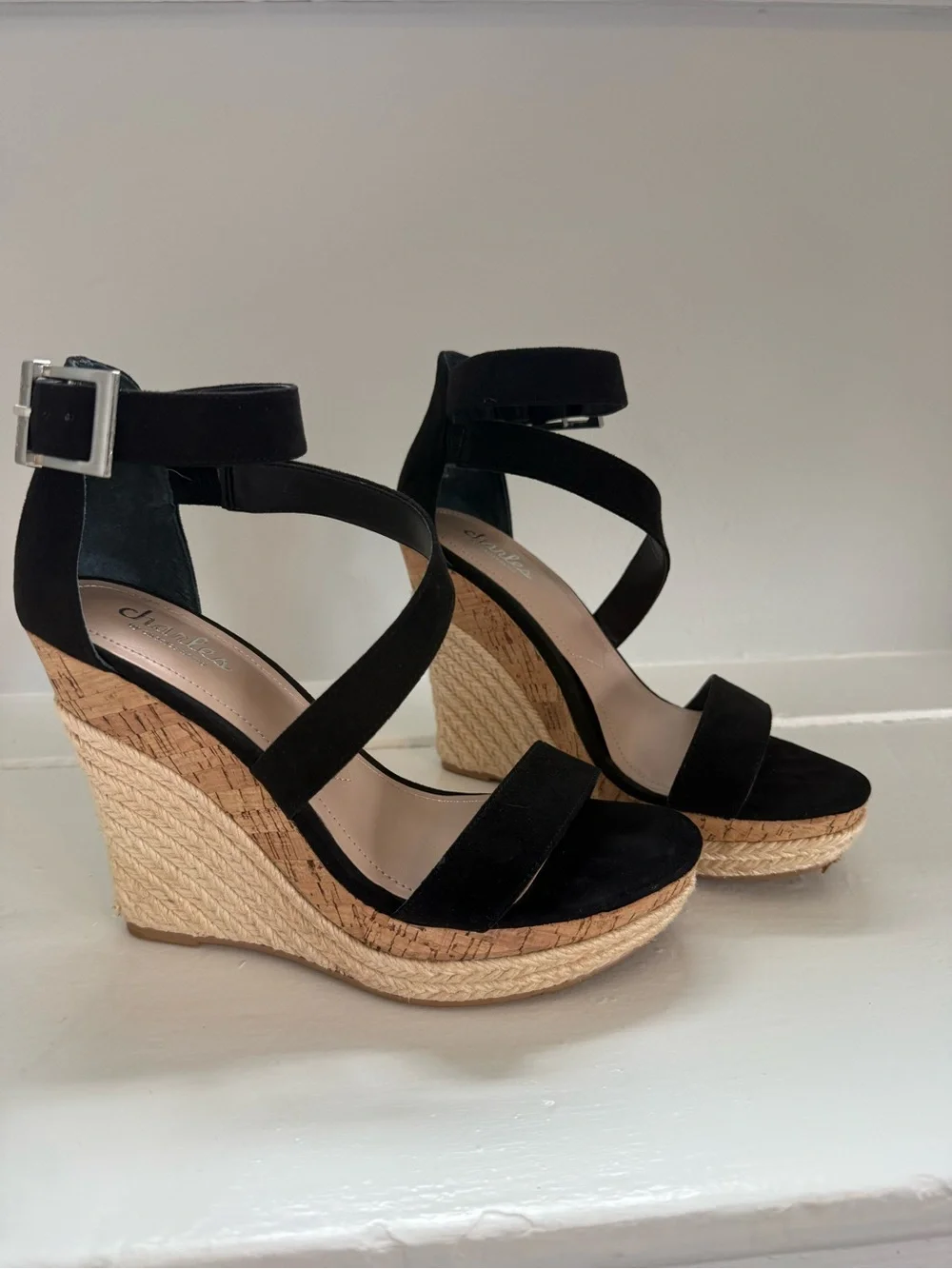 Charles David Black Suede Cork Espadrille Wedge Sandals